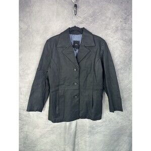 G-III Mens Black Leather Long Sleeve Pockets Button Front Coat Size Large